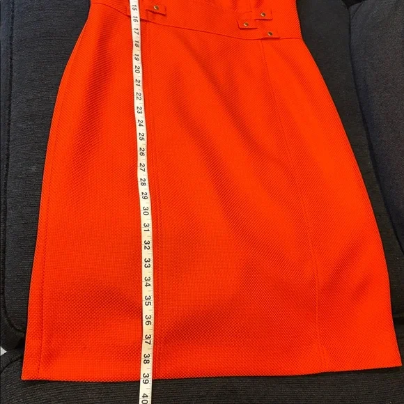 Structured Dark Orange Midi Sheath Dress with Gold Button Waist Detail-Size 8 - Picture 12 of 15